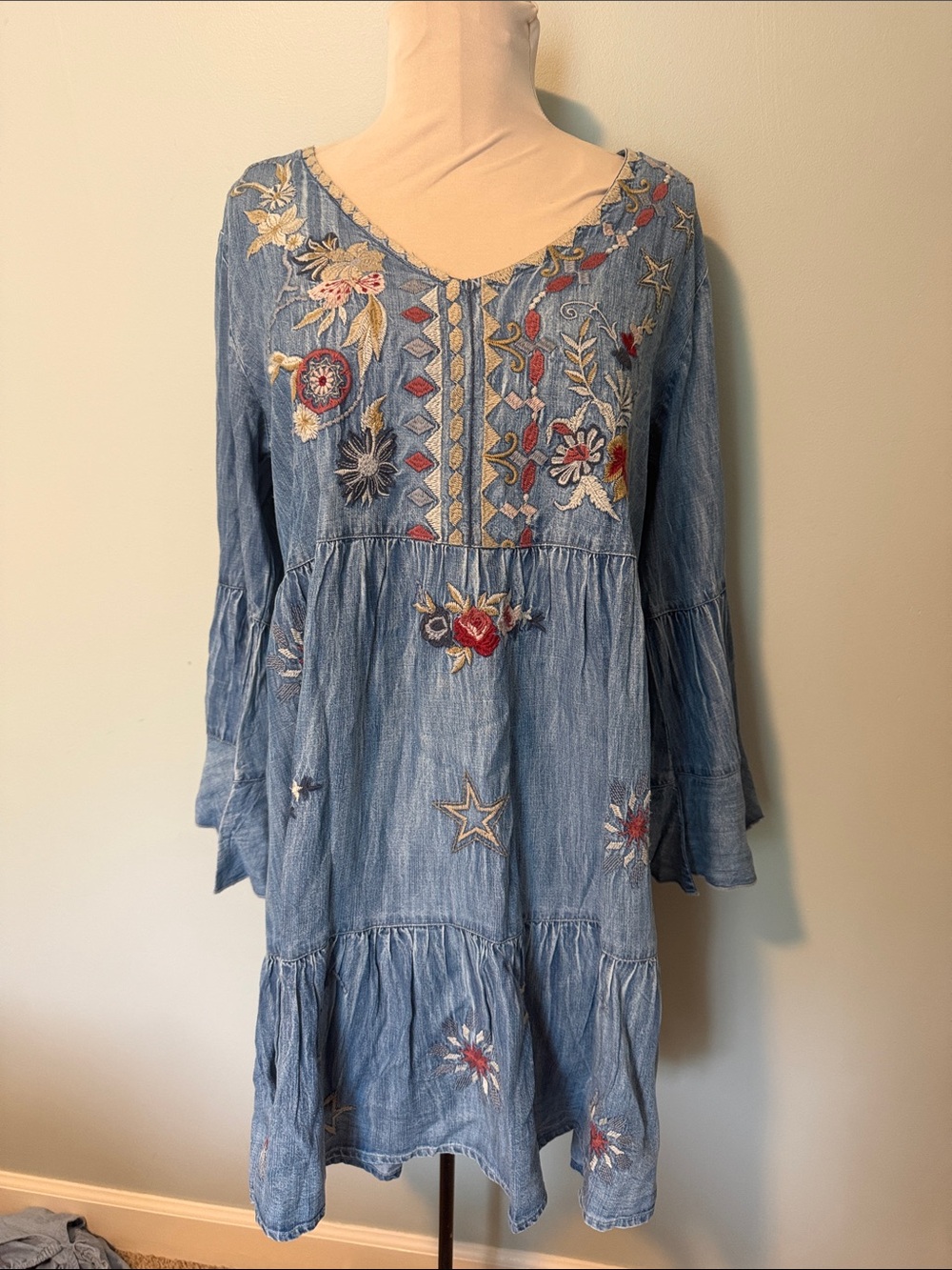 Boho Embroidered Chambray Tunic Dress